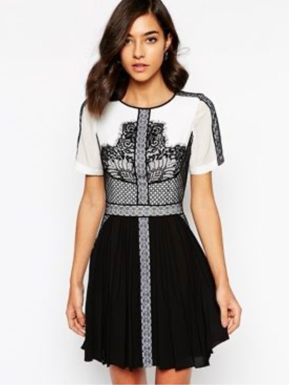 Karen Millen Black and White Lace-Panel Midi Dress